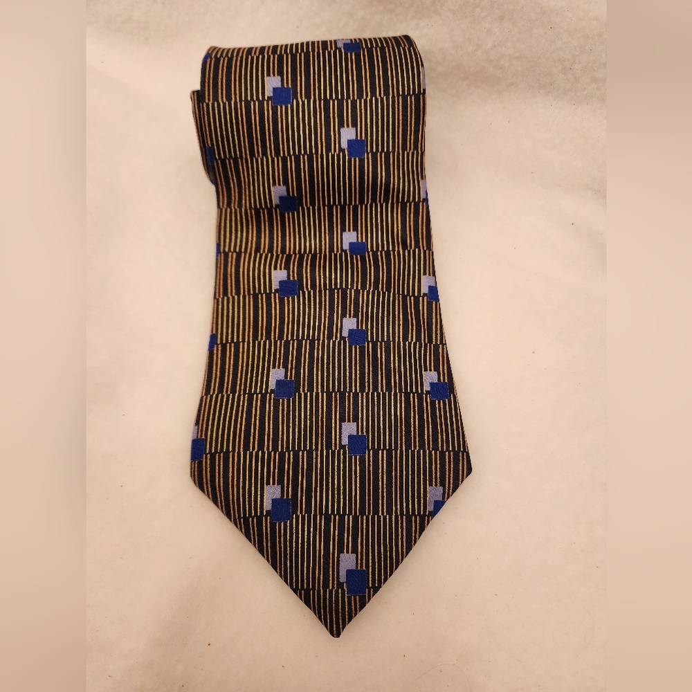 Unique Vintage Picone Designer Tie 57.5 x 4" Navy & Gold 100% Silk
